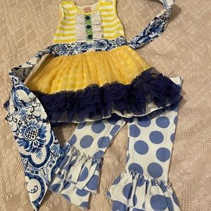 Giggle Moon tie back dress with layered skirt with ruffled leggings - 3T